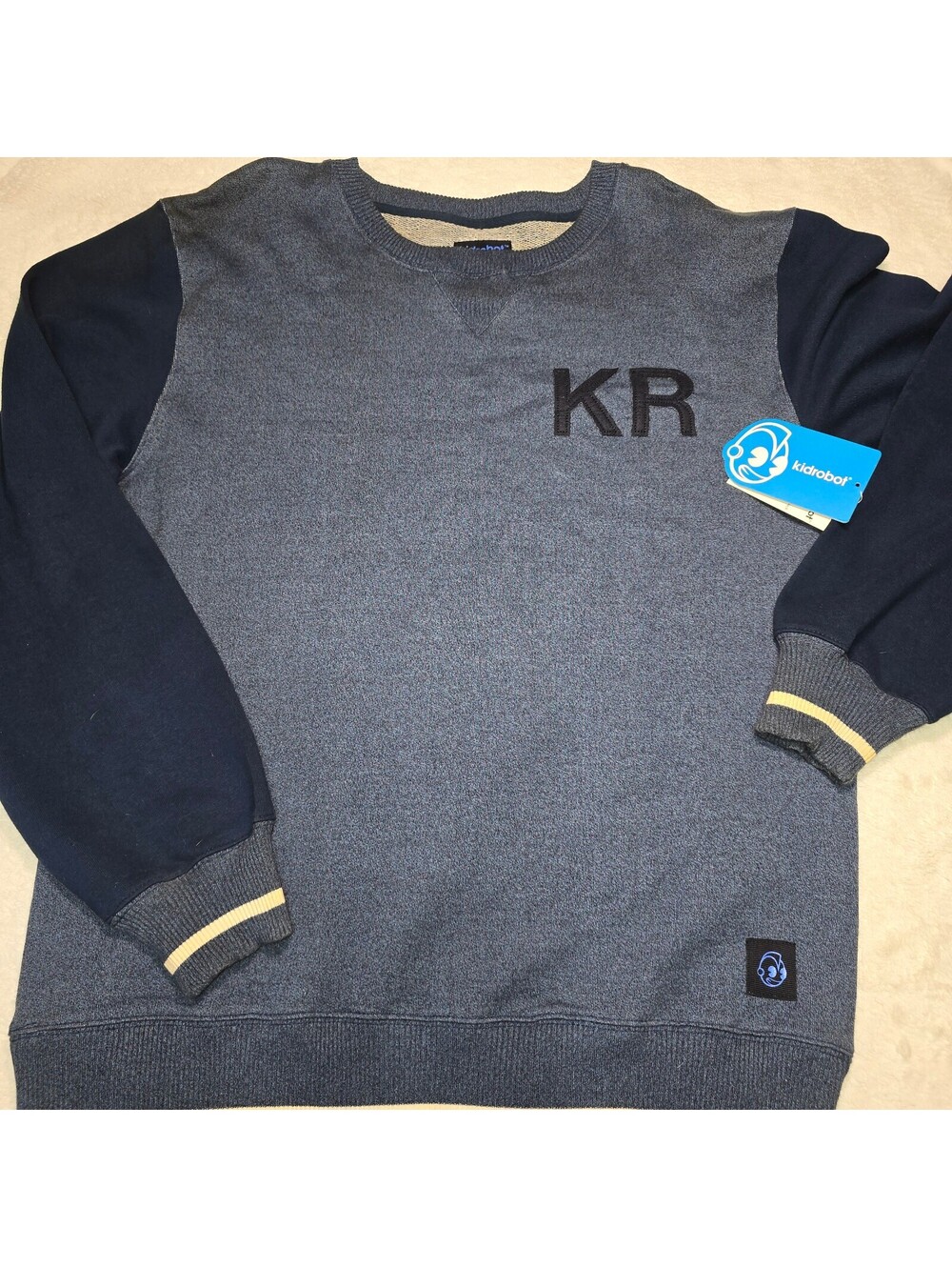NWT Kidrobot Vintage Crewneck Sweater Navy Blue Gray KR Logo Mens Size XL Rare